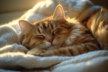 A fluffy tabby cat sleeps soundly on a soft white blanket, bathed in the warm glow of morning light.
