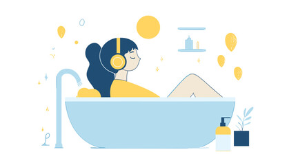 Naklejka premium vector drawing girl with girl in headphones sitting in bathroom flat style .Generative AI