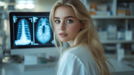 Medical diagnostic analysis: A female doctor operates cutting-edge imaging and scanning systems displayed on various monitors in a futuristic medical setup