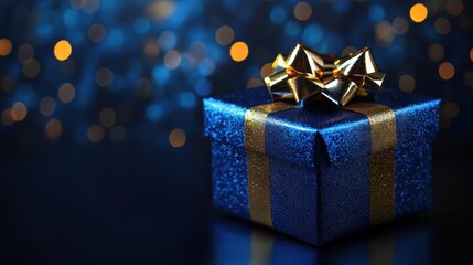 Elegant blue present with golden ribbon and bow
