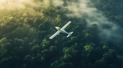 An aerial view of a small white airplane flying over a lush green forest, with misty treetops and dense vegetation, creating a cinematic adventure scene from above.