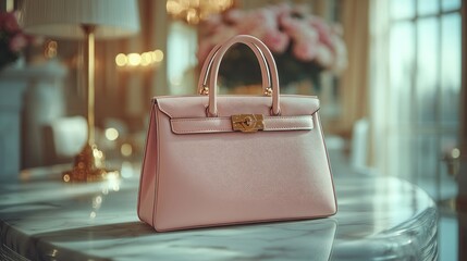 A pink leather handbag with gold hardware sits on a marble table in a luxurious room.