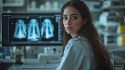 Medical diagnostic analysis: A female doctor engages with innovative imaging and body scanning technology across several screens in a high-tech medical atmosphere