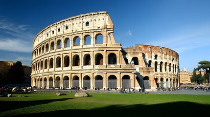 A breathtaking view of the Roman Colosseum under a blue sky.