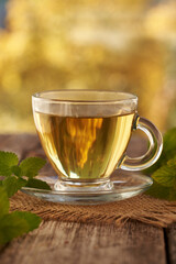 A cup of herbal tea with fresh melissa or lemon balm leaves on a table