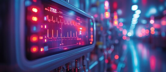 A close-up shot of a medical monitor displaying a heart rate with a blurred background of a medical facility.