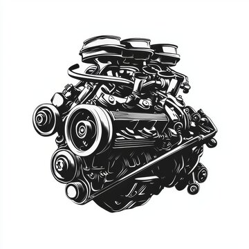 recommend clip art: Detailed Black and White Illustration of a V8 Engine Design for Automotive Art