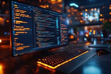 A computer monitor displaying code in a dark room with a keyboard and mouse.