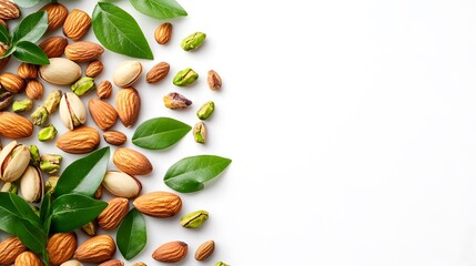 Assorted nuts, including almonds and pistachios, artfully arranged with fresh green leaves on a white background, embodying a healthy snack concept in a minimalist presentation.