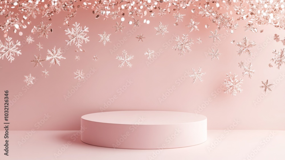 Poster a pastel pink backdrop features delicate snowflakes hanging from the ceiling, creating a whimsical a