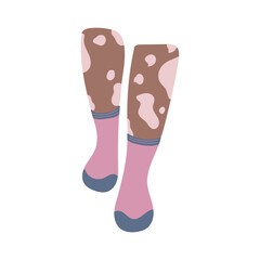Beautiful female vitiligo skin legs in pink socks with blue color details on white background. Hand drawn vector illustration in flat style. Textile, clothes brand, children. Concept of diversity