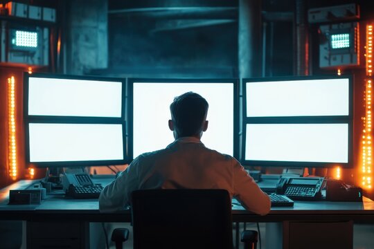 Cybersecurity professional monitoring multiple screens in a secure control room