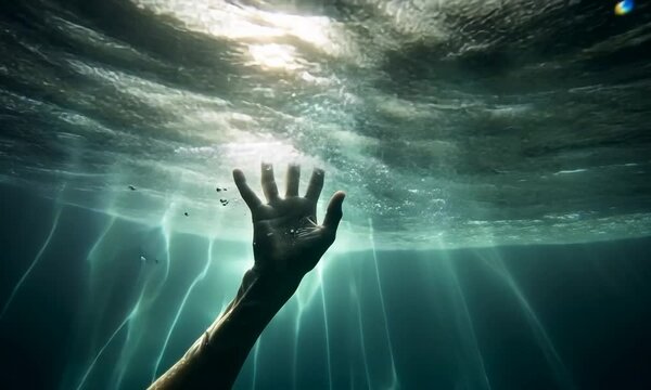 The hand of a drowning man in the water. A man's hand under water. A drowning man in the depths of the sea.