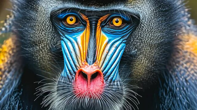 Mandrill close-up face portrait showcasing vibrant colors and patterns.