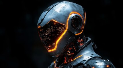 Fototapeta premium Futuristic astronaut with glowing helmet against black background, hinting at advanced space exploration and technology