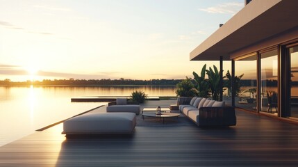 Fototapeta premium Modern Waterfront Home at Sunset