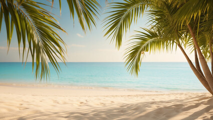 Obraz premium A calming beach background featuring soft sands, palm leaves swaying gently at the top, and the ocean's horizon blending with the bright, sunlit sky. Perfect for summer themes.
