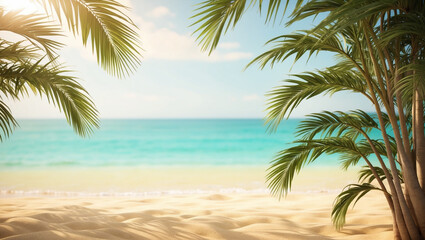 Fototapeta premium A calming beach background featuring soft sands, palm leaves swaying gently at the top, and the ocean's horizon blending with the bright, sunlit sky. Perfect for summer themes.