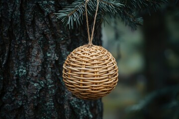 Wicker Sphere Ornament Hanging From Evergreen Branch