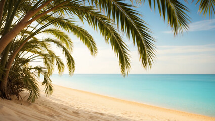 Fototapeta premium A calming beach background featuring soft sands, palm leaves swaying gently at the top, and the ocean's horizon blending with the bright, sunlit sky. Perfect for summer themes.