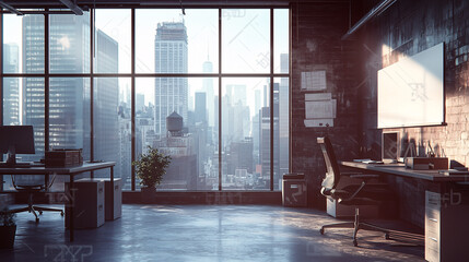 Spacious modern office interior with large windows, desks, and chairs. Blank wall on the right for mockup or template. Bright and professional environment