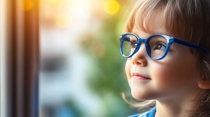 Young child wearing blue glasses focusing on distant tree outside window, symbolizing myopia prevention and importance of outdoor activities.
