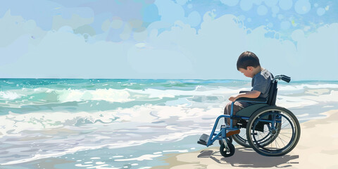 Fototapeta premium A peaceful beachscape with soft blues and whites, framing a child in a wheelchair, enjoying the sand and waves with an adapted beach wheelchair, promoting independence and adventure.