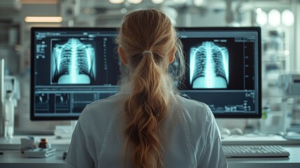 Medical diagnostic analysis: A female doctor interacts with modern imaging and scanning technologies on various screens in a futuristic healthcare environment