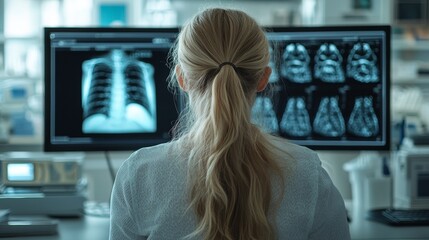 Medical diagnostic analysis: A female doctor interacts with modern imaging and scanning technologies on various screens in a futuristic healthcare environment