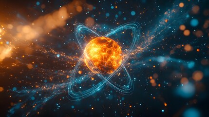 Obraz premium An atomic nucleus close-up featuring a glowing orange core and orbiting electrons, set against a cosmic background, illustrating the dynamic nature of subatomic particles.