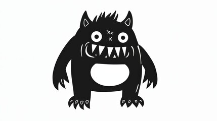 Obraz premium Cartoon Black and White Monster Illustration with Sharp Teeth and Wide Eyes