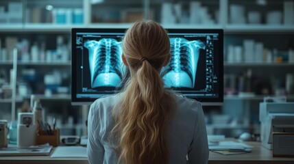 Medical diagnostic analysis: A female doctor operates advanced imaging and scanning systems displayed on multiple monitors in a futuristic clinical space