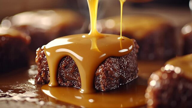 Medium close-up of sticky toffee pudding with butterscotch drizzle