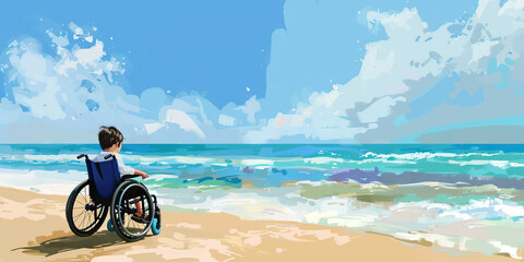 Fototapeta premium A peaceful beachscape with soft blues and whites, framing a child in a wheelchair, enjoying the sand and waves with an adapted beach wheelchair, promoting independence and adventure.