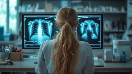 Medical diagnostic analysis: A female doctor operates advanced imaging and scanning systems displayed on multiple monitors in a futuristic clinical space