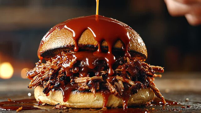 Low-angle of pulled pork sandwich with spicy BBQ sauce