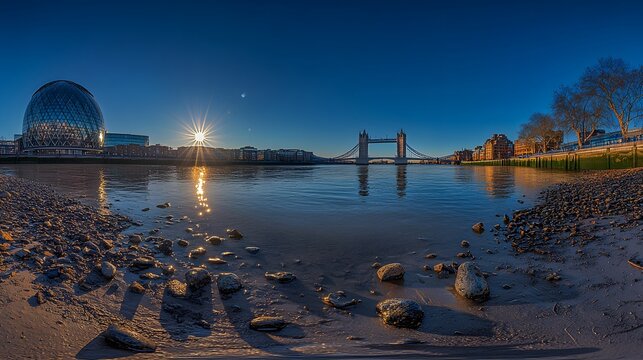 Sunrise over the Thames with Tower Bridge and a modern building in view.