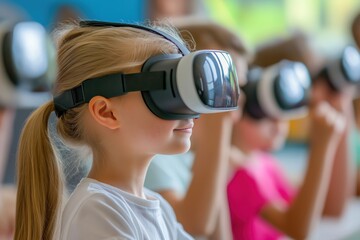 A girl wearing a virtual reality headset is smiling at the camera. She is surrounded by other children who are also wearing VR headsets. The scene appears to be a classroom setting