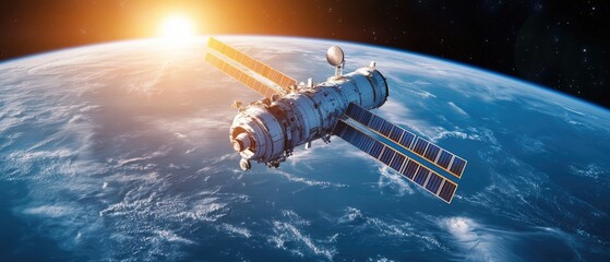 Obraz premium View of Space Station Over Earth at Sunrise