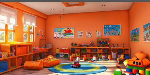 A cheerful orange classroom featuring educational toys, colorful posters and comfortable seating, designed to engage children with learning disabilities in fun and interactive learning experiences.