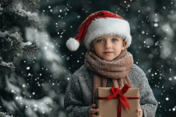 A little boy is standing in the snow, wearing a red hat and a scarf. He is holding a brown box with a red ribbon, and he has a big smile on his face. The scene is set in a forest