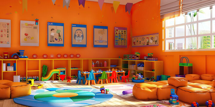 A cheerful orange classroom featuring educational toys, colorful posters and comfortable seating, designed to engage children with learning disabilities in fun and interactive learning experiences.