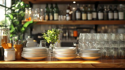 Clean dishes on the bar counter close-up. Restaurant bar with copy space and ready for work.