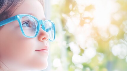 Young child wearing blue glasses focusing on distant tree outside window, symbolizing myopia prevention and importance of outdoor activities.
