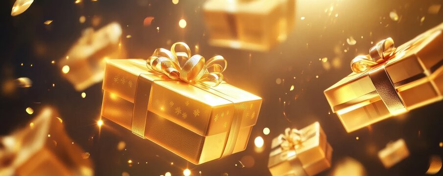 Golden gift boxes with artistic floating elements