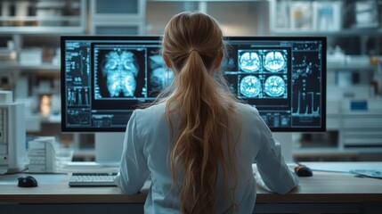 Medical diagnostic analysis: A female doctor uses innovative imaging and body scanning tools across various monitors in a high-tech medical facility