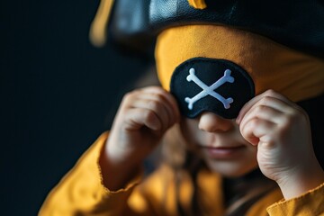 A child wearing a pirate costume playfully covers their eyes with a sleep mask, showcasing a fun and adventurous spirit.