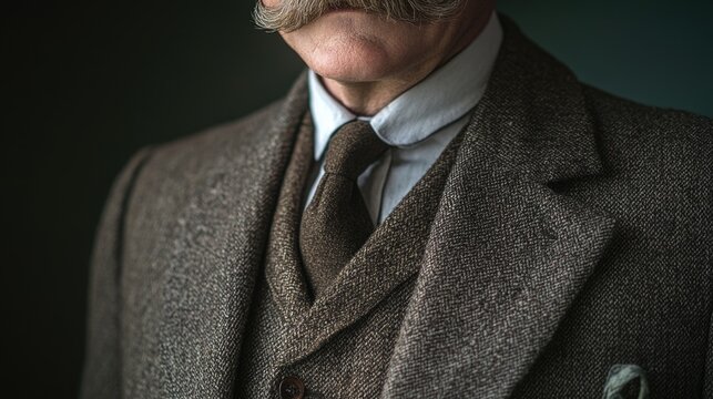 Professional man wearing suit and tie, sporting a distinctive moustache