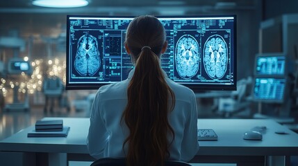 Medical diagnostic analysis: A female doctor uses innovative imaging and body scanning tools across various monitors in a high-tech medical facility