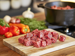 Fresh diced meat on wooden cutting board, surrounded by colorful vegetables and herbs, ready for cooking. vibrant colors and textures create inviting atmosphere for meal preparation